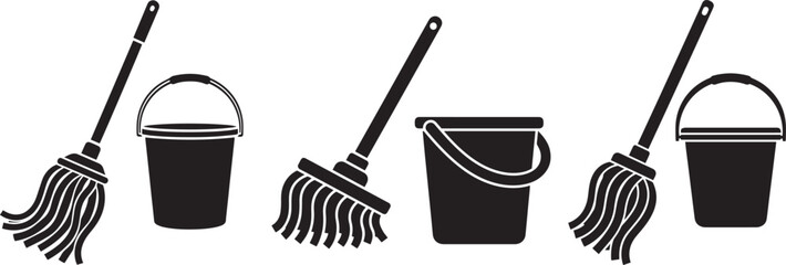 Mop and Bucket Silhouette Collection, Cleaning Tools Icons for Housekeeping, Janitorial, and Hygiene Design Projects