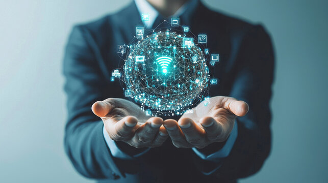 A businessman holding an AI icon with holographic technology symbols around it, r
