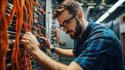 Man in plaid shirt working on server racks with orange cables in a data center environment setting