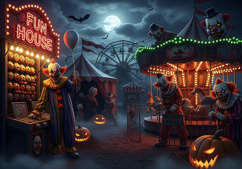 Creepy halloween carnival with clowns, fun house, and jack-o'-lanterns