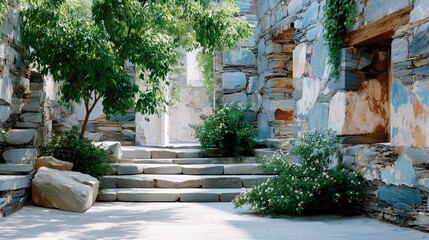 Ancient Stone Fortress Ruins with Ivy and Lush Greenery
