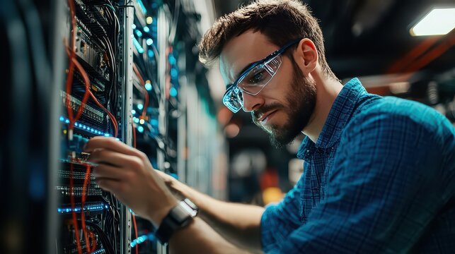 Man wearing safety glasses working on a server rack with cables and blinking lights in a data center