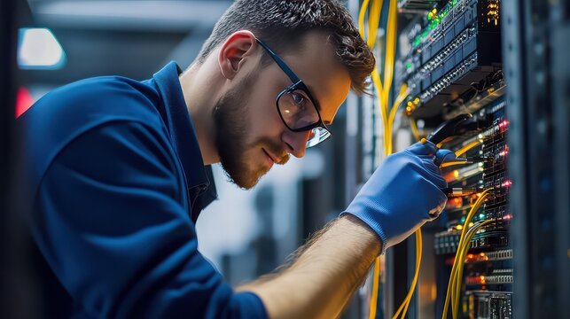 It technician working on server cables in server room with blue shirt and glasses and blue gloves on