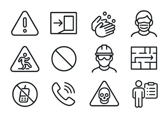 Healthcare Safety Icons. Outline vector icons of safety signage in healthcare: caution icon, exit sign, wash