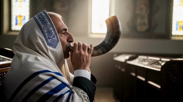 A jewish man wearing a traditional tallit blows the shofar horn during a service in a synagogue, a sacred ritual symbolizing spiritual awakening for the rosh hashanah holiday