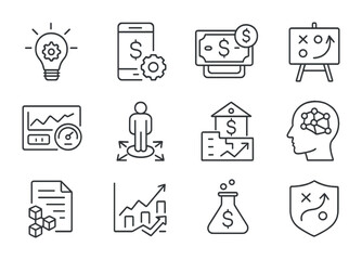 Fototapeta premium Leadership Vector Icons. Outline vector icons of leadership-driven financial innovation: innovation bulb,