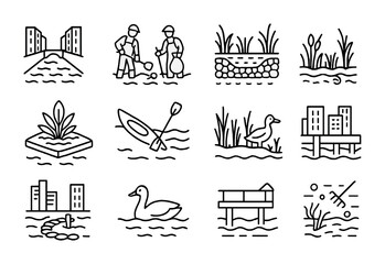 Urban Waterway Icons. Outline vector icons of urban waterway restoration: canal view, cleanup crew,
