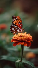 Obraz premium Butterfly on orange flower with green foliage in background, portrait, shallow depth of field