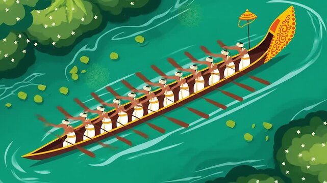 Happy Onam Festival Dynamic Animated Illustration of a Traditional Kerala Snake Boat Race in Action