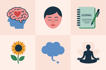 Self care and mental health icons, brain calm face journal sunflower thought cloud meditation vector, wellness illustration, mindfulness clipart, positive habit design