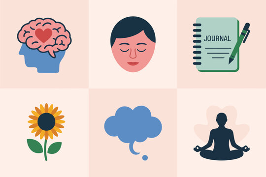Self care and mental health icons, brain calm face journal sunflower thought cloud meditation vector, wellness illustration, mindfulness clipart, positive habit design