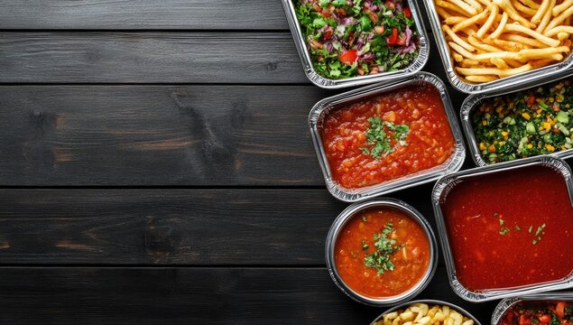 A collection of food containers filled with healthy dishes against a dark wooden background, in a flat lay style.