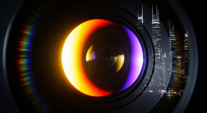 A macro shot showcases the complex optical elements of a camera lens Intense orange and purple light flares create a striking visual highlighting the lens's coatings and design - Powered by Adobe