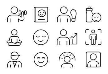 Health App Icons. Outline vector icons of avatars in health and wellness apps: fitness avatar, mood diary,