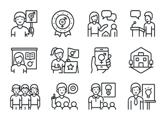 Icons of Equality. Outline vector icons of youth and gender equality: young activist, equality badge, debate