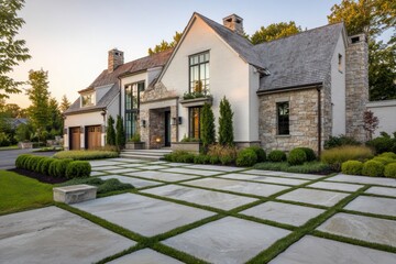 Naklejka premium A stunning contemporary house featuring elegant stone accents, complemented by a beautifully landscaped garden, is perfectly illuminated at dusk within a tranquil neighborhood setting