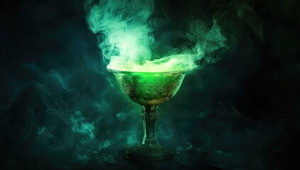 A glowing green flame in the shape of an empty chalice, with smoke rising from it, set against a dark background.