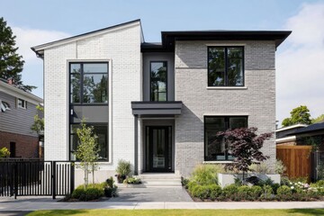 Modern architectural design showcasing a two-tone brick house in a suburban neighborhood with ample greenery and a well-maintained front yard during a sunny day