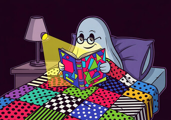 Cartoon ghost reading a book in bed