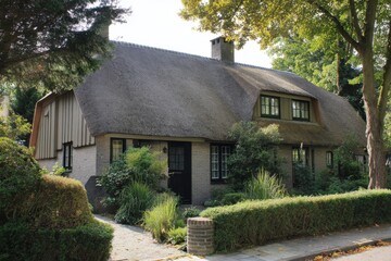 Fototapeta premium Charming thatched-roof cottage nestled in a lush garden on a sunny day, showcasing traditional architecture and vibrant greenery in a tranquil neighborhood