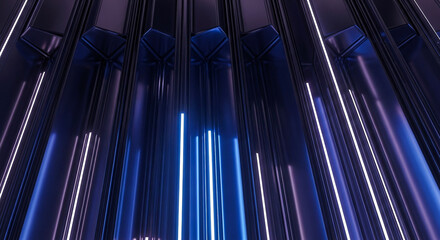 Fototapeta premium A high-angle view captures a mesmerizing pattern of glowing vertical lines predominantly blue with interspersed white streaks suggesting a futuristic cityscape or digital realm