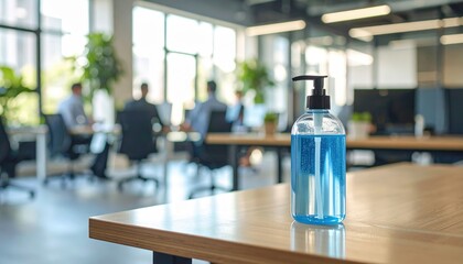 Workplace Sanitation: A focused image showcases a hand sanitizer dispenser prominently displayed on a polished desk surface.
