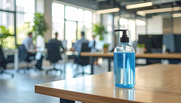 Workplace Sanitation: A focused image showcases a hand sanitizer dispenser prominently displayed on a polished desk surface.
