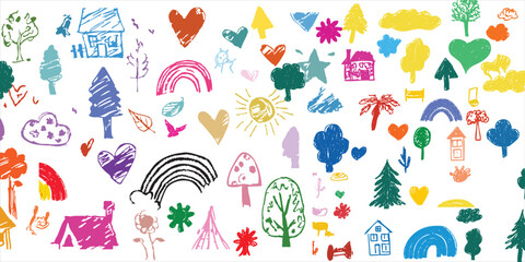 Vector illustration of hand-drawn crayon doodle background, suitable for creative artwork, classroom decoration, and kids’ activities.