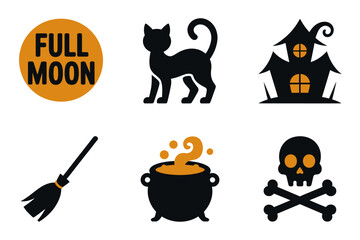 Full moon emblem with black cat and haunted house, cauldron skull and crossbones, halloween icon collection, clean vector, party decor assets
