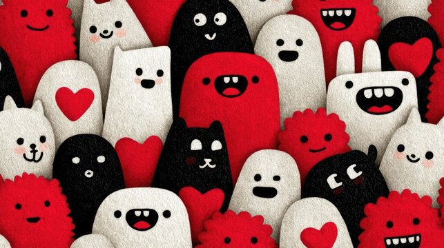 Cute Kawaii Geometric Pattern with Hearts and Animals