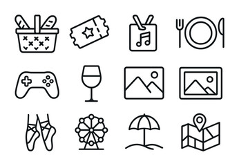 Date Icons Grid. Outline icon set of couple date ideas: picnic basket, movie ticket, concert pass, dinner
