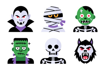 Vampire mummy zombie character set, frankenstein skeleton werewolf, halloween avatar icons, flat vector illustration, spooky design elements