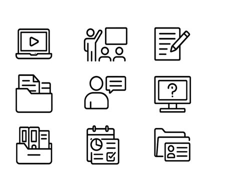Educational Portal Icons. Outline icon set of educational portals: e-learning icon, virtual classroom, lecture
