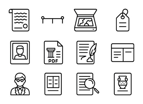 Digital Archive Icons. Outline icon set of digital archives for history: old manuscript, timeline icon,