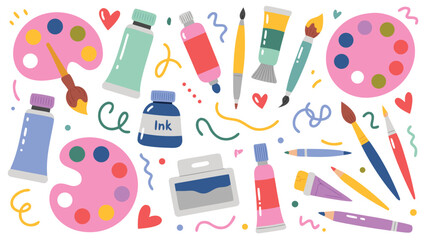 Artistic Illustration of Paint Palettes, Brushes, Tubes, Ink, and Pencils on White Background