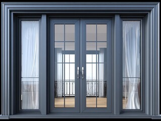 Dark gray double doors with large windows, showcasing an interior balcony