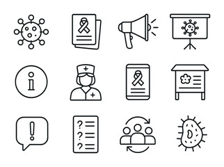 Public Health Icon Set. Outline icon set of public health awareness: virus icon, awareness flyer, speakerphone