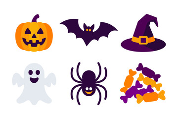Pumpkin bat and witch hat icons, ghost spider candy, halloween party vector, cute spooky clipart, trick or treat design assets