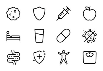 Immune Defense Icons. Outline icon set of immune defense and health: white blood cell, shield icon, vaccine