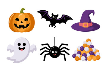 Jack o lantern bat and hat collection, ghost and spider icons, candy pile elements, halloween sticker vector, kids party clipart