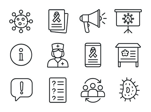 Public Health Icon Set. Outline icon set of public health awareness: virus icon, awareness flyer, speakerphone