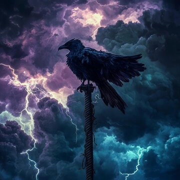 Thunderbird perched on a lightning rod storm clouds gathering in its wingspan