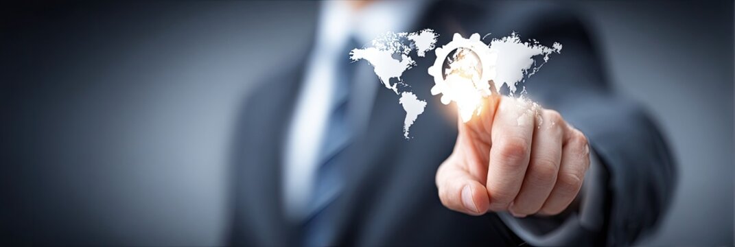 A person in a suit touches a projection of a world map and a lightbulb