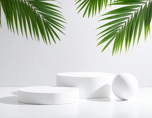 Fototapeta premium 미니멀 화이트 포디움과 야자 잎 Minimal White Podium with Palm Leaves