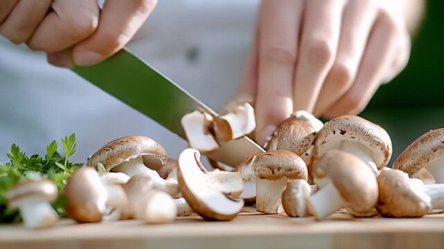 Person slicing mushrooms with knife on cutting board in kitchen