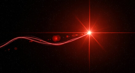 A single intense red laser light emanates a glowing wavy trail across a dark void A prominent starburst highlights the source of this energetic abstract visual