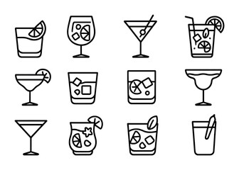 Cocktail Icon Grid. Outline icon set of cocktail categories: sour cocktail, spritz, martini, mojito, daiquiri,