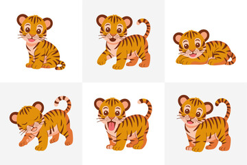 Playful tiger cubs grid set, little tiger kitten collection, cute cartoon vector, zoo wildlife illustration, nursery room design elements