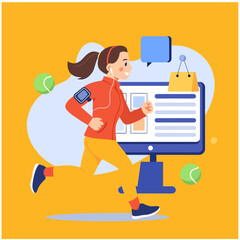 Woman Running with Online Fitness and Shopping Concept