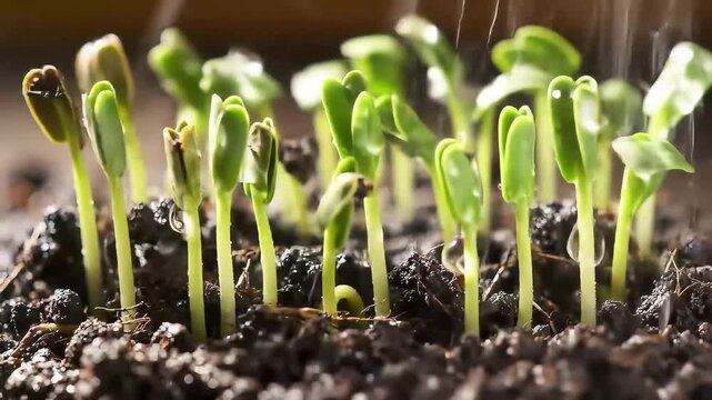 Close-up of Young Green Seedlings Sprouting from Soil